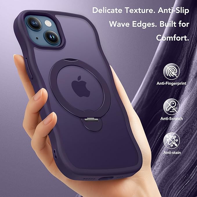 for iPhone 13 Case & iPhone 14 Case for Women,[Compatible with Magsafe][360° Spin Magnetic Stand][Cute Wave Edge][Military-Grade Protection]Translucent Matte Phone case for iPhone 13/14, Dark Purple