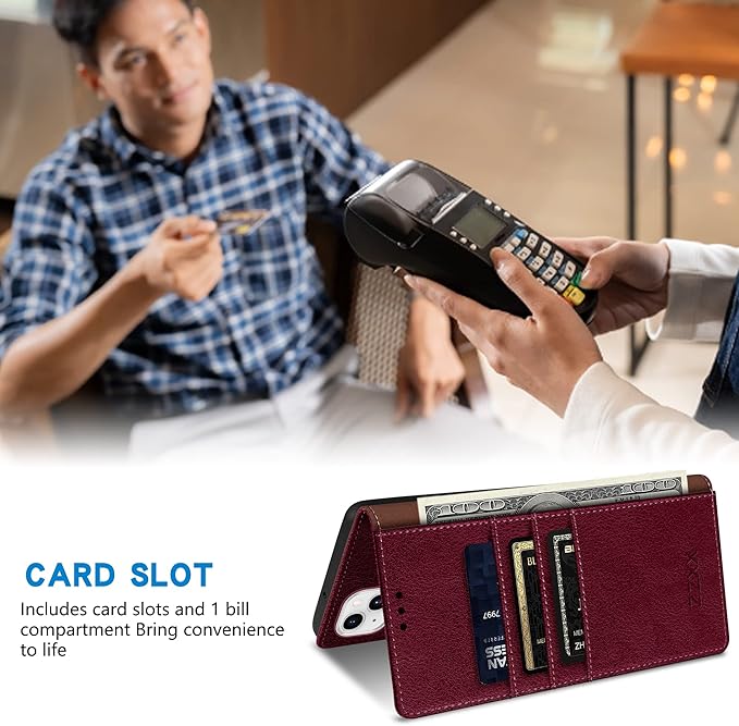 ZZXX for iPhone 15 Wallet Case with [RFID Blocking] Card Slot Stand Strong Magnetic Leather Flip Fold Protective Phone Case for iPhone 15 Case Wallet(Wine Red-6.1 inch)