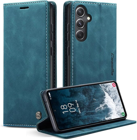 for Samsung Galaxy S23 FE Case, Flip Wallet Leather Case with Card Holder Magnetic Closure Shockproof Kickstand Protective Phone Cases Cover for Samsung S23 FE,Blue-Green