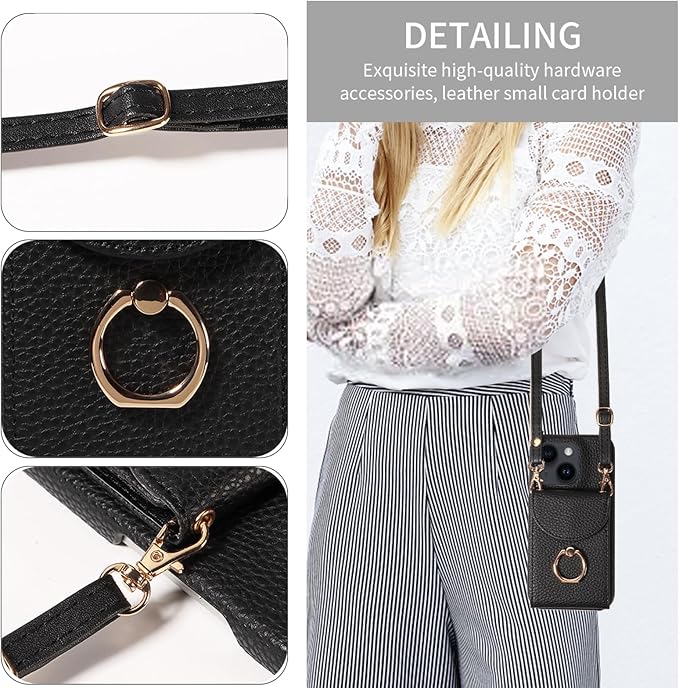 for iPhone 14 6.1 inch Organ Wallet Case with Tempered Glass Screen Ring Buckle Shoulder Strap PU Leather Flip Purse Card Holder Stand Phone Cover for iPhone14 5G i i-Phone i14 14Case Black