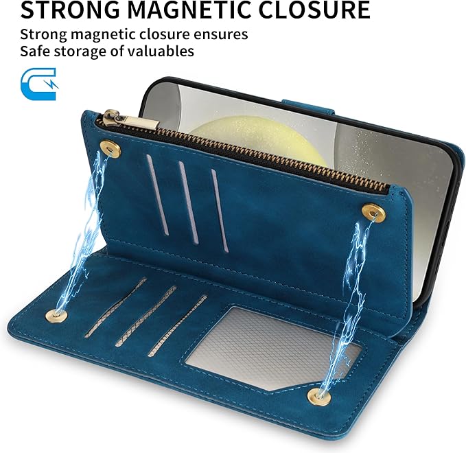 ZZXX for Samsung Galaxy S24 Wallet Case with RFID Blocking Card Slot PU Leather Zipper Flip Folio with Strap Kickstand Protective Cover for Samsung Galaxy S24 Case Wallet(Blue-6.2 inch)