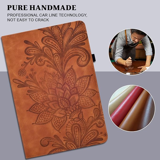 Case for Lenovo Tab M11 (TB-330FU/330XU) 11" 2024, Embossed Lace PU Leather Flip Folio Stand Cover Case with Elastic Band Card Slots Pen Holder & Multiple Viewing Angles- Brown