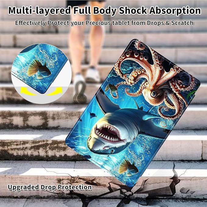 Case for Samsung Galaxy Tab A9+/A9 Plus 11 Inch 2023 Tablet Case, 360 Degree Rotating Folio Stand Smart Cover for Galaxy Tab A9+ Tablet SM-X210/X216/X218, Auto Sleep/Wake, Shark Octopus