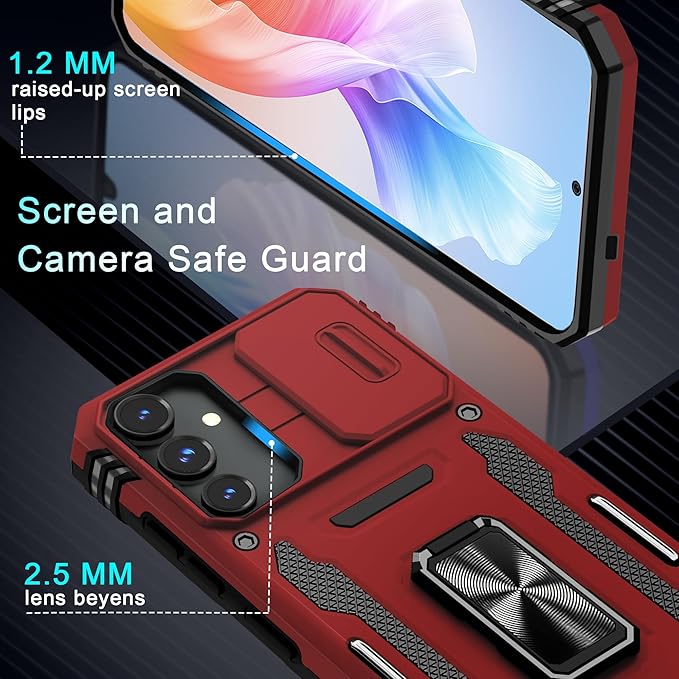 DEERLAMN Case for Samsung Galaxy S24+ Plus with Slide Camera Cover+Screen Protector (1 Pack), Rotated Ring Kickstand Military Grade Shockproof Protective Cover-Red