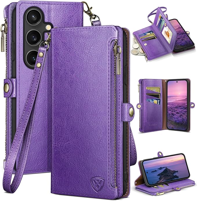 XcaseBar Compatible with Samsung Galaxy S25 Wallet case with Zipper Credit Card Holder【RFID Blocking】,Flip Folio Book PU Leather Phone case Shockproof Cover Women Men for Samsung S25 case Purple