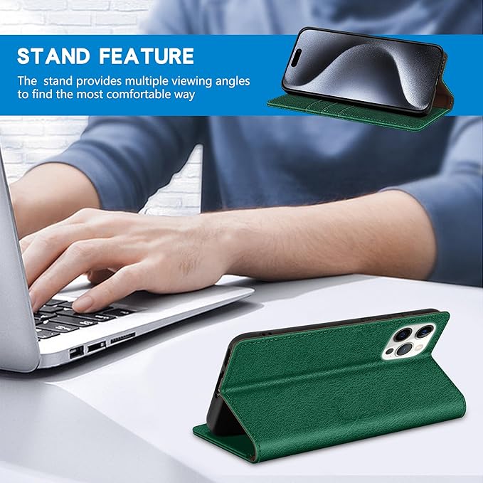 ZZXX for iPhone 15 Pro Wallet Case with [RFID Blocking] Card Slot Stand Strong Magnetic Leather Flip Fold Protective Phone Case for iPhone 15 Pro Case Wallet(Green-6.1 inch)