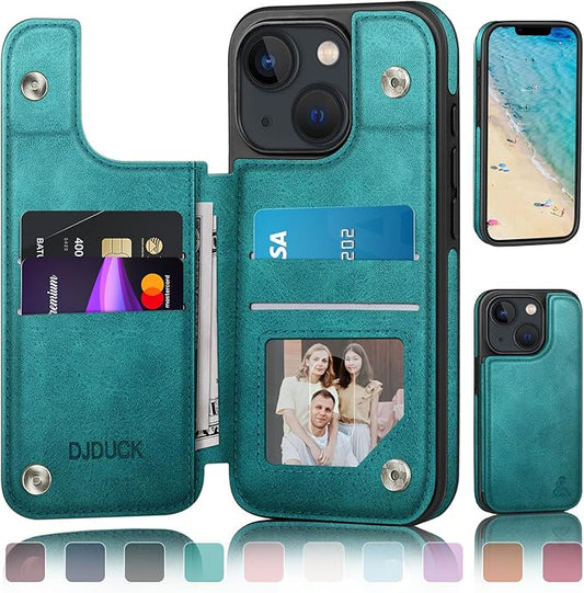 DJDUCK Designed for iPhone 14 Case Wallet with Card Holder, [Magnetic Clasp Cover] [RFID Blocking Leather Protection] Shockproof Women Men Cases 6.1 Inch for Apple 14 Blue Green