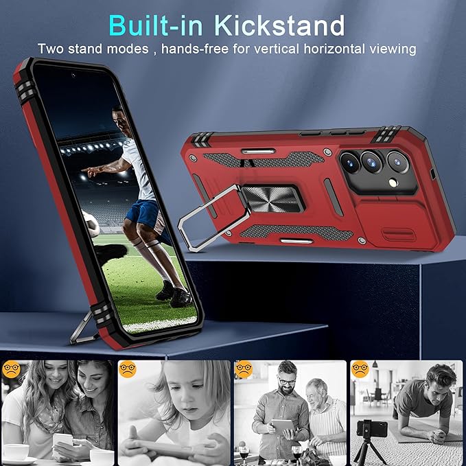 DEERLAMN Case for Samsung Galaxy S25 6.2-Inch with Slide Camera Cover+Screen Protector (1 Pack), Rotated Ring Kickstand Military Grade Shockproof Protective Cover-Red