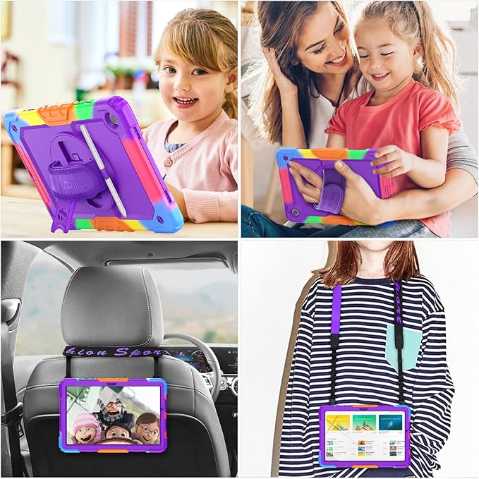 SEYMAC stock Case for Samsung Galaxy Tab A8 10.5'', Full-Body Drop Protection Case with Screen Protector Pencil Holder [360° Rotating Hand Strap] &Stand, Purple+Colorful