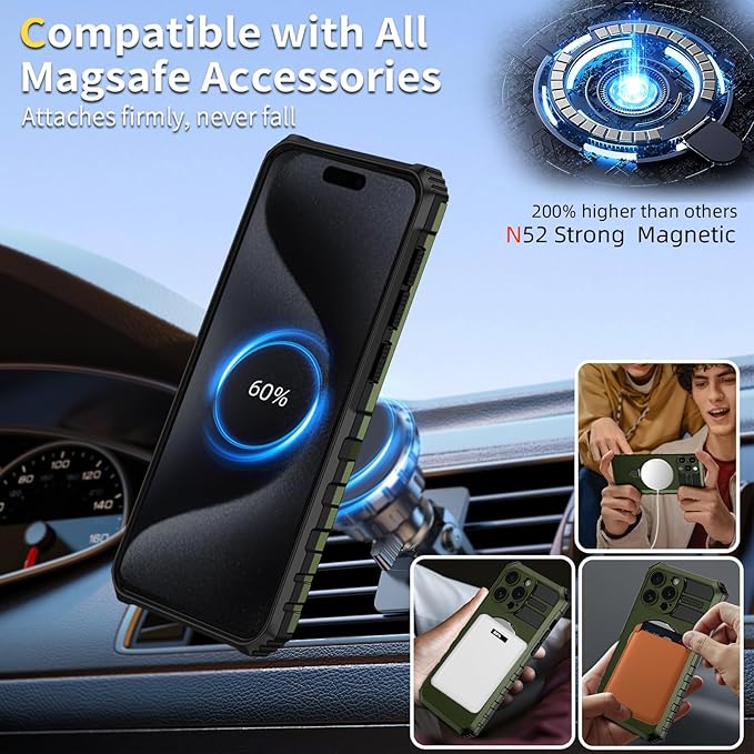for iPhone 15 Pro Max Case Magnetic Compatible with MagSafe Wireless Charging,with 2 Screen Protectors,with Kickstand Shockproof Shock-Absorbent Heavy Duty Protection Scratch Resistant Green