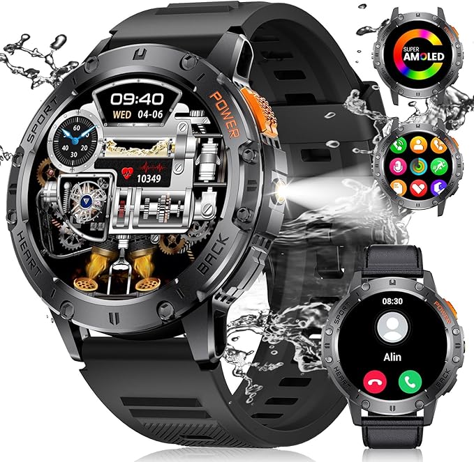 Smart Watches for Men(3 Straps),1,43'' AMOLED Military Smart Watch for Men with LED Flashlight/530mAh Large Battery/5ATM Waterproof,Fitness Tracker Smartwatch with Answer/Make Call