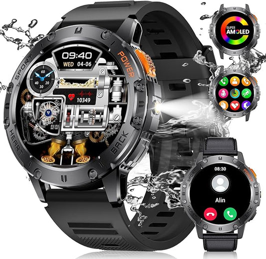 Smart Watches for Men(3 Straps),1,43'' AMOLED Military Smart Watch for Men with LED Flashlight/530mAh Large Battery/5ATM Waterproof,Fitness Tracker Smartwatch with Answer/Make Call