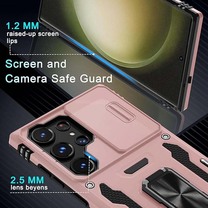 DEERLAMN Case for Samsung Galaxy S25 Ultra with Slide Camera Cover+Screen Protector (1 Pack), Rotated Ring Kickstand Military Grade Shockproof Protective Cover-Rose Gold