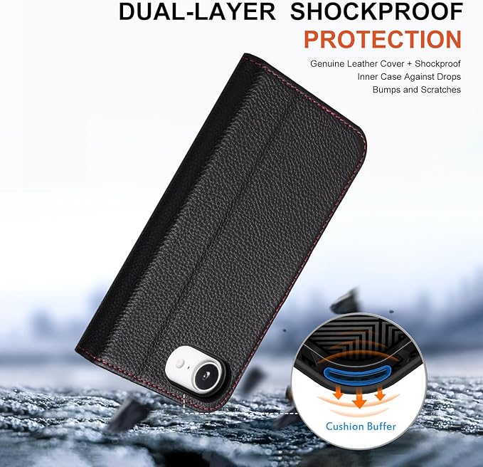 Case for iPhone 16e 6.1", Genuine Leather Wallet Magnetic Cover RFID Blocking Card Slot Kickstand Shock-Absorbent TPU Phone Holder Case Compatible with iPhone 16e 2025 5G (Black)