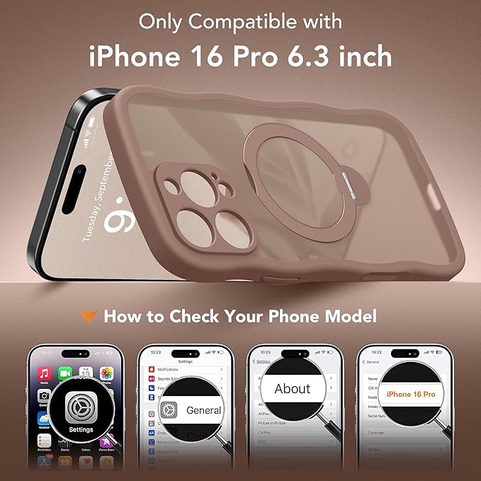 GolbinBox for iPhone 16 Pro Case for Women,[Compatible with Magsafe][360° Spin Magnetic Stand][Cute Wave Edge][Military-Grade Protection] Translucent Matte Phone Case for iPhone 16 Pro, Brown