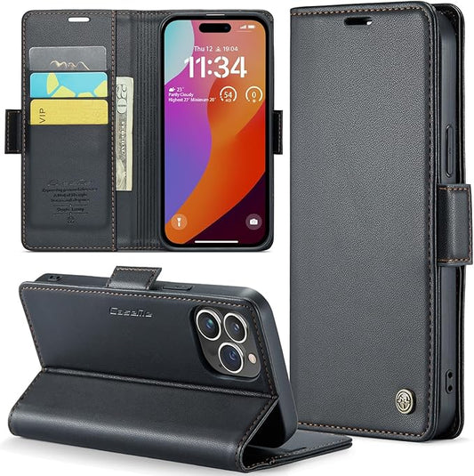 for iPhone 15 Pro Case, Premium PU Leather Wallet Case Flip Cover with [RFID Blocking][Card Holder][Stand Function] Shockproof Protective for iPhone 15 Pro, Black