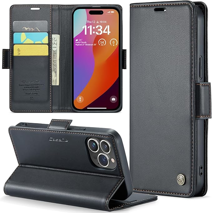 for iPhone 15 Pro Max Case, Premium PU Leather Wallet Case Flip Cover with [RFID Blocking][Card Holder][Stand Function] Shockproof Protective for iPhone 15 Pro Max 6.7", Black