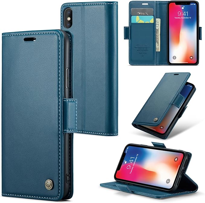 for iPhone X Case/iPhone Xs Case, Premium PU Leather Wallet Case Flip Cover with [RFID Blocking][Card Holder][Stand Function] Shockproof Protective for iPhone X/XS, Blue