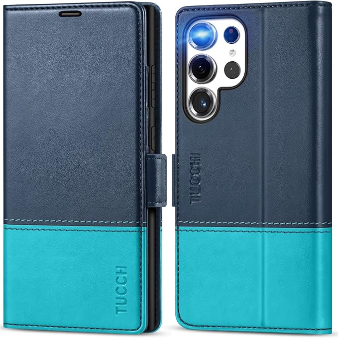 TUCCH Wallet Case for Galaxy S25 Ultra 5G, Magnetic PU Leather Kickstand [RFID Blocking] Card Slot Folio Cover with [TPU Shockproof Inner Shell] Compatible with Galaxy S25 Ultra, Blue & Lake Blue