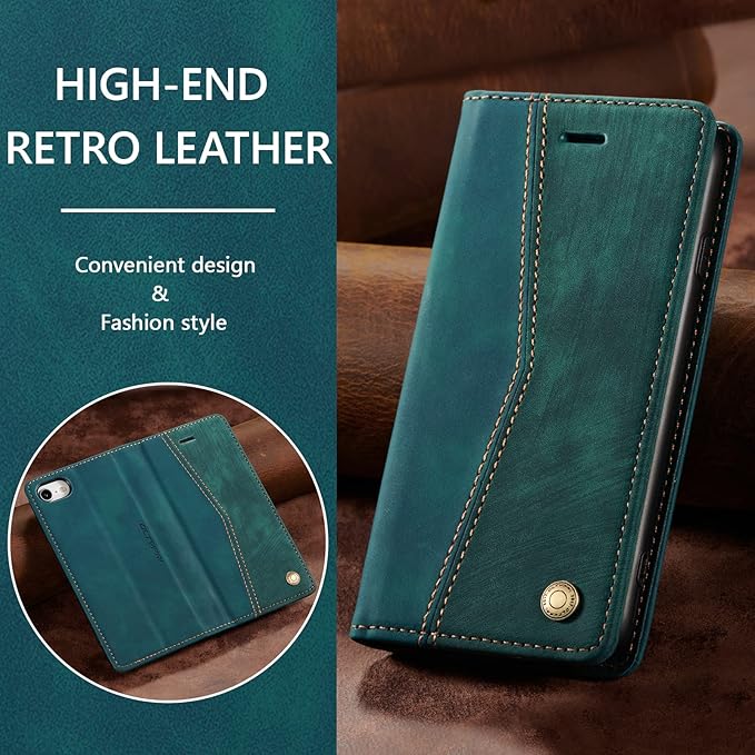 QLTYPRI Case for iPhone 16e, Vintage PU Leather Wallet Case Card Slot Kickstand Magnetic Closure Shockproof Flip Folio Cover for iPhone 16e - Retro Dark Green