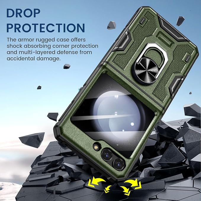 VEGO for Z Flip 5 Case with Hinge Protection, 360°Ring Magnetic Kickstand & Camera Screen Protector & Belt Clip Holster, Military Grade Shockproof Cover - Green