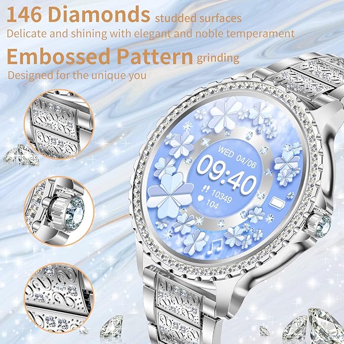 Smart Watch for Women with Diamonds (Answer/Make Call),1.32''Full Screen Smart Watch for Android /iOS,Fitness Tracker with Heart Rate/Blood Oxygen/Sleep Monitor/AI Voice Watches for Women,3 Straps