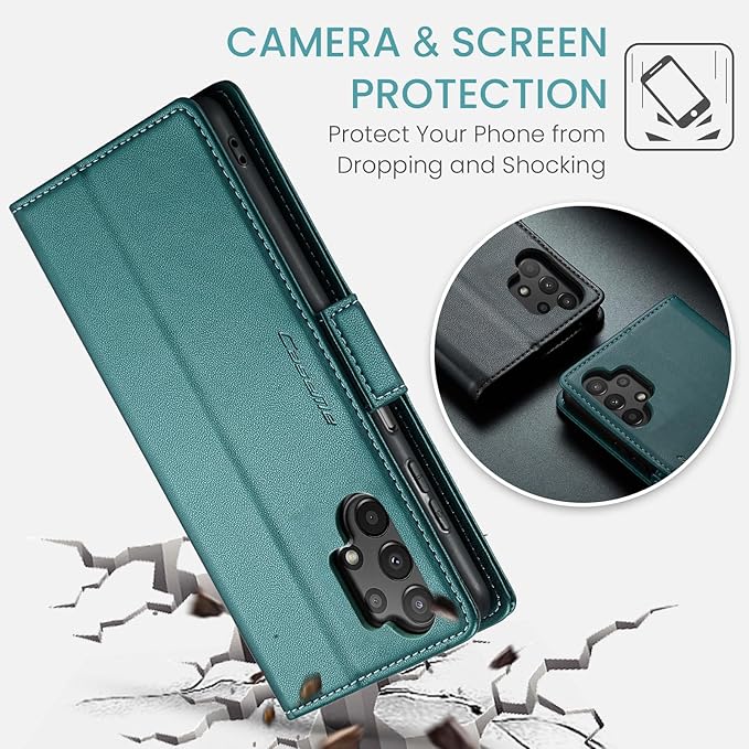 for Samsung Galaxy A13 4G/5G Case, Premium PU Leather Wallet Case Flip Cover with [RFID Blocking][Card Holder][Stand Function] Shockproof Protective for Samsung Galaxy A13, Blue-Green