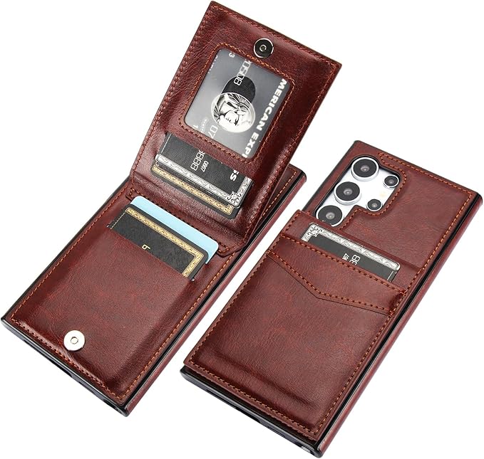 KIHUWEY for Samsung Galaxy S24 Ultra Case Wallet with Credit Card Holder, Flip Premium Leather Magnetic Clasp Kickstand Heavy Duty Protective Cover for Samsung Galaxy S24 Ultra 6.8" (Brown)