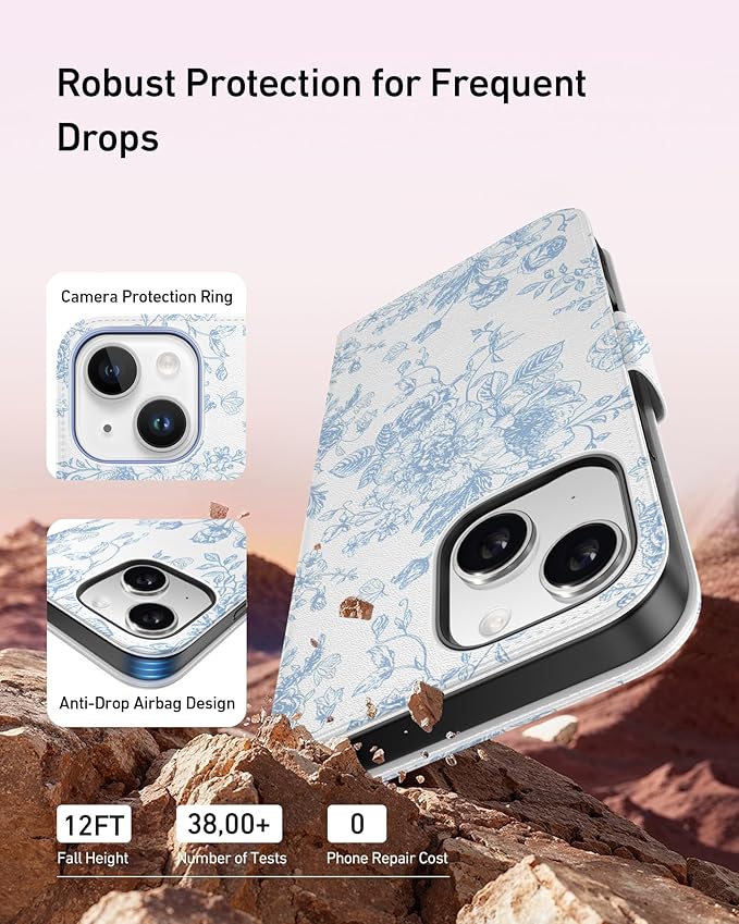 DEENAKIN for iPhone 15 Wallet Case with Card Holder + Cash Clip, RFID-Blocking, Military-Grade Drop Protection, Magnetic Closure with Leather Kickstand - Blue Floral Design