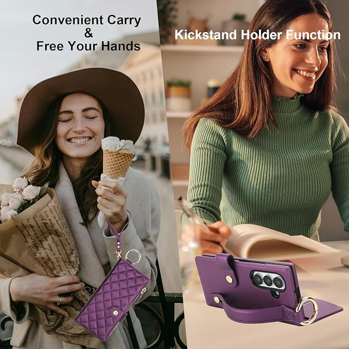 KIHUWEY for Galaxy Z Fold 7 Wallet Case with Card Holder Premium Leather Magnetic RFID Blocking Shockproof Zipper Wrist Strap Lanyard Cover for Samsung Galaxy Z Fold 7 8.0 Inch (Dark Purple)