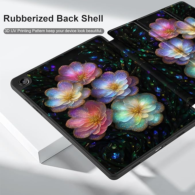 MEEgoodo Case for Samsung Galaxy Tab A9 Plus 11 inch Cover 2024 2023 with S Pen Holder, A9+ Smart Tablet Cases with Leather Trifold Stand+Soft TPU Back Shell+Smart Auto Wake/Sleep, Glitter Flowers