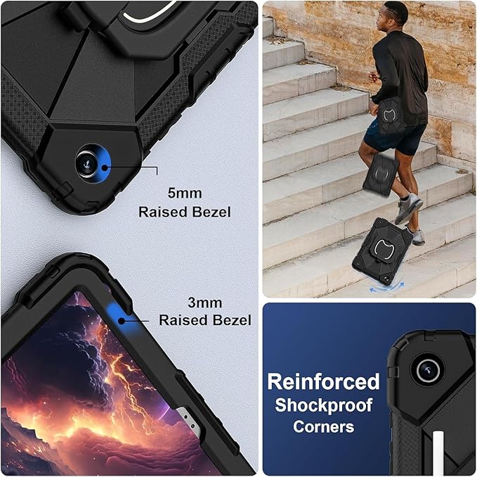 DreamerX for Samsung Galaxy Tab A9+/A9 Plus 11 Inch 2023 Case (SM-X210/X215/X216/X218), Shockproof Rugged Silicone Drop Protective Cover with 360 Rotating Stand Handle Shoulder Strap Pen Holder, Black