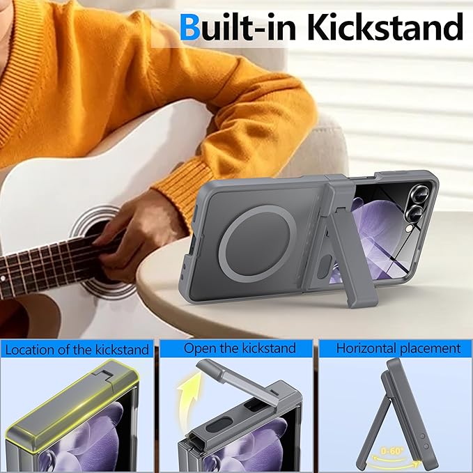 for Samsung Galaxy Z Flip 7 Case Compatible with Magsafe [Hinge Protection＆ Kickstand][Built-in Front Screen Protector] 15FT Military Shockproof Full Body Phone Case for Galaxy Z Flip 7 (Gray)