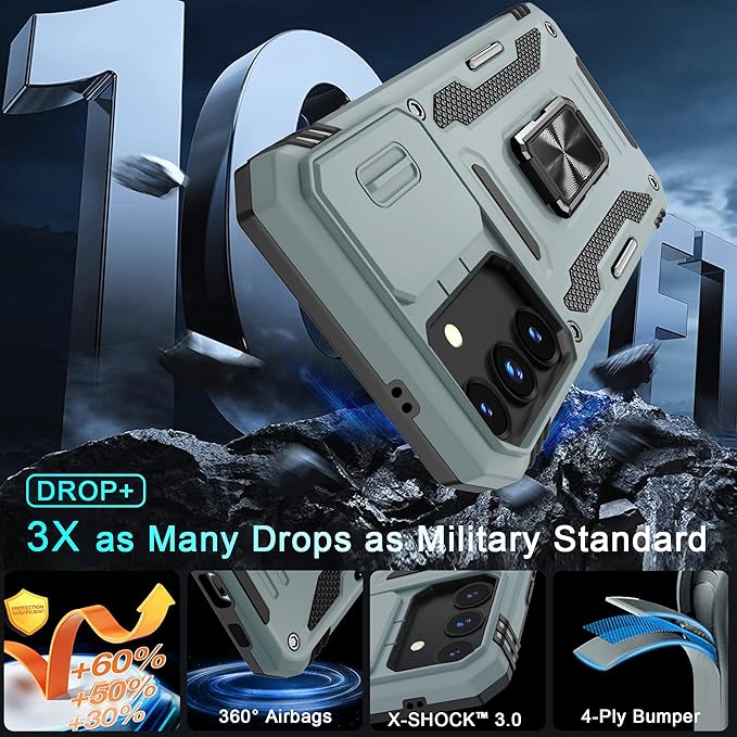 DEERLAMN Case for Samsung Galaxy S24 FE 6.7-Inch with Slide Camera Cover+Screen Protector(1 Pack), Rotated Ring Kickstand Military Grade Shockproof Protective Cover-Grey