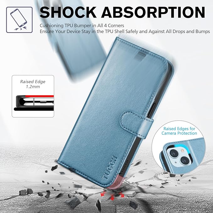 TUCCH Case Wallet for iPhone 15, [RFID Blocking] 4 Card Holder Stand [Shockproof TPU Interior Case] PU Leather Magnetic Protective Flip Cover Compatible with iPhone 15 5G 6.1", Shiny Light Blue