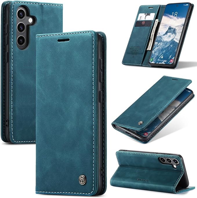 for Samsung Galaxy S24 FE 5G Case, Flip Wallet Leather Case with Card Holder Magnetic Closure Shockproof Kickstand Protective Phone Cases Cover for Galaxy S24 FE, Blue-Green