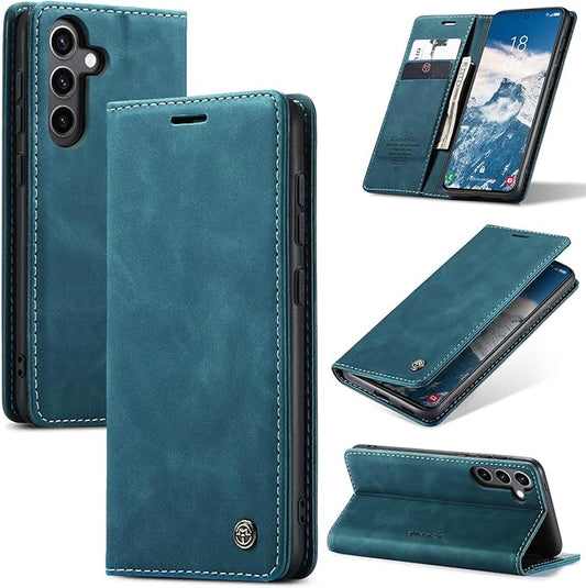 for Samsung Galaxy S24 FE 5G Case, Flip Wallet Leather Case with Card Holder Magnetic Closure Shockproof Kickstand Protective Phone Cases Cover for Galaxy S24 FE, Blue-Green