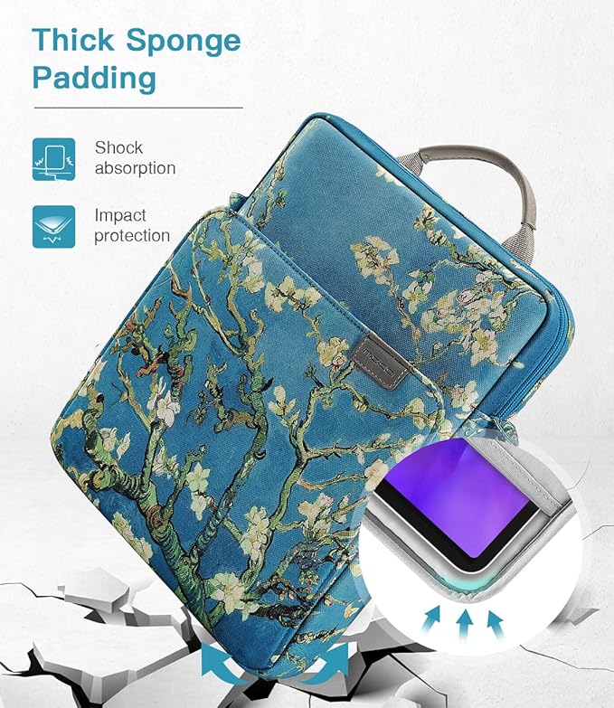 MoKo 9-11 Inch Tablet Sleeve Bag Handle Carrying Case with Shoulder Strap for iPad Pro, Air, 10th, 9/8/7, Air 5/4, Tab S8/S9, Apricot Flower