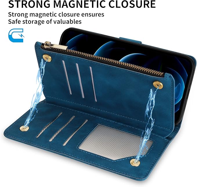 ZZXX for iPhone 12 Pro Max Wallet Case with Card Slot Premium Soft PU Leather Zipper Flip Folio Wallet with Wrist Strap Kickstand Protective for iPhone 12 Pro Max Case Wallet(Blue 6.7 inch)