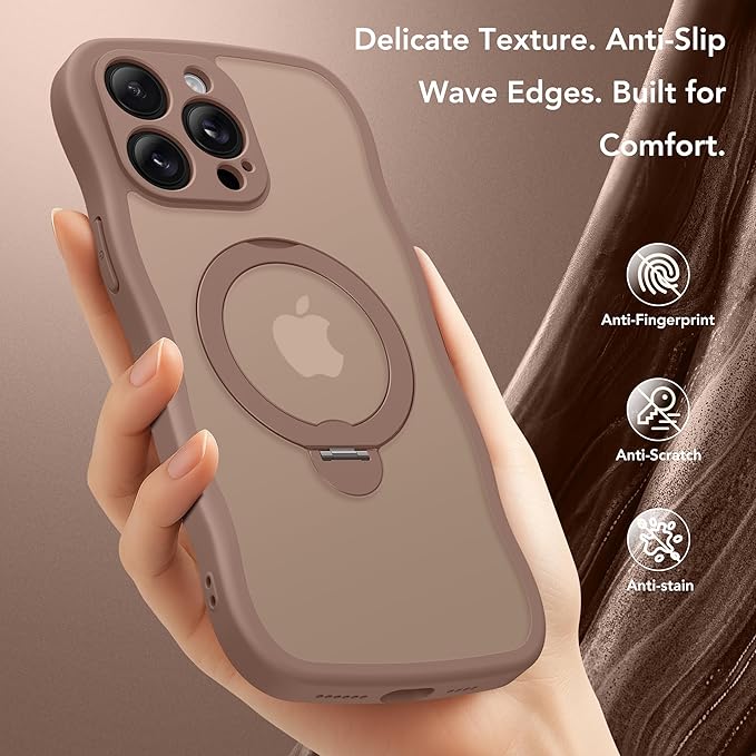 GolbinBox for iPhone 14 Pro Max Case for Women,[Compatible with Magsafe][360° Spin Magnetic Stand][Cute Wave Edge][Military-Grade Protection] Translucent Matte Phone Case for iPhone 14 ProMax, Brown