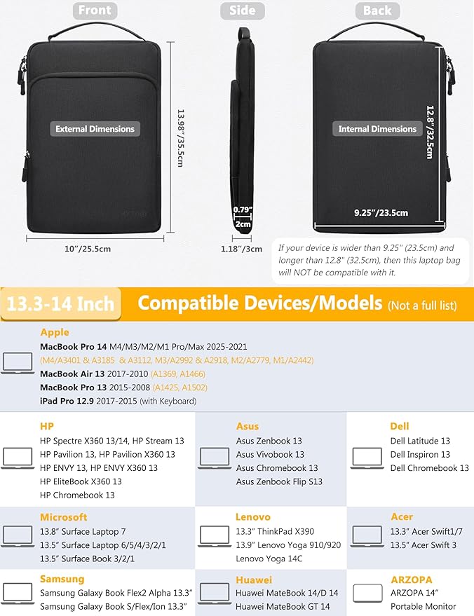 HYZUO 13.3-14 Inch Laptop Bag Sleeve for MacBook Pro 14 M4 M3 M2 M1, MacBook Air/Pro 13.3, 13.8"/13.5" Surface Laptop/Book, Notebook Case for 13" Dell Lenovo ThinkPad HP Asus Acer, Black