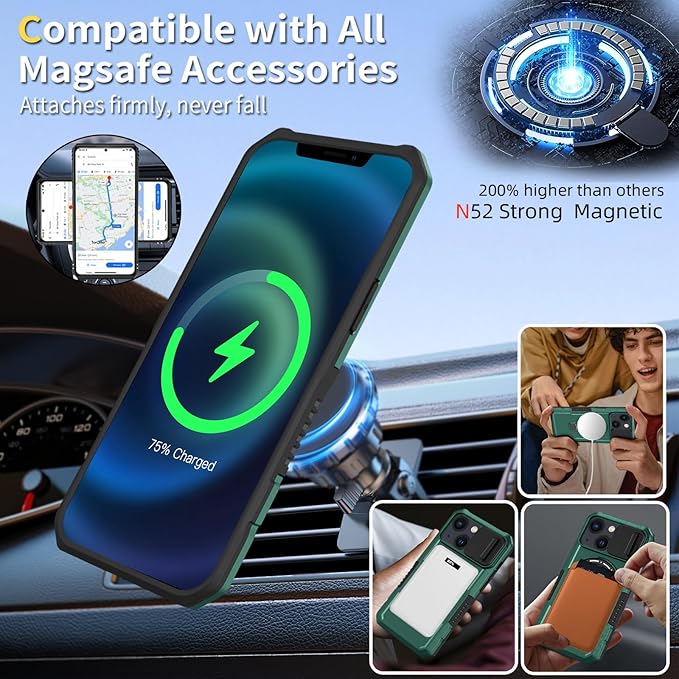 for iPhone 13 Case/for iPhone 14 Case Magnetic Compatible with MagSafe Wireless Charging,with 2 Screen Protectors,with Kickstand,with Camera Cover Shock-Absorbent Heavy Duty Protection Green