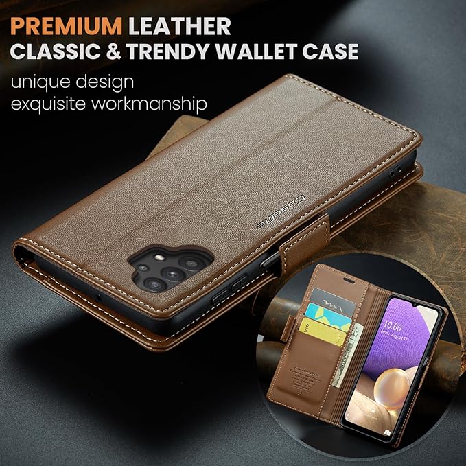 for Samsung Galaxy A32 5G Case, Premium PU Leather Wallet Case Flip Cover with [RFID Blocking][Card Holder][Stand Function] for Samsung Galaxy A32 5G (Non 4G Version), Brown