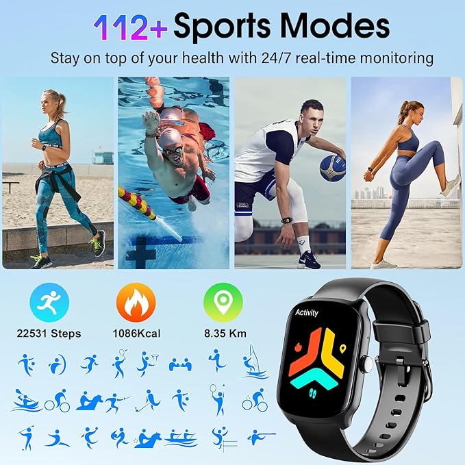 Smart Watch for Men Women, 1.95"HD Curved Screen Smartwatch (Dial/Answer Calls), Heart Rate Sleep Monitor Fitness Smartwatch, 112+Sports Modes Activity Trackers,IP68 Waterproof Watches for Android iOS