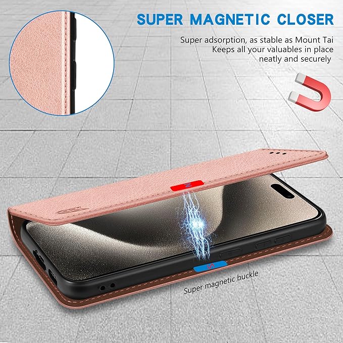 ZZXX for iPhone 15 Pro Max Wallet Case with [RFID Blocking] Card Slot Stand Strong Magnetic Leather Flip Fold Protective Phone Case for iPhone 15 Pro Max Case Wallet(Rose Gold-6.7 inch)