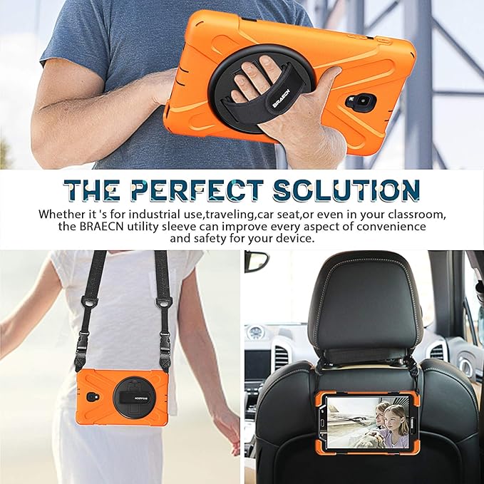 BRAECNstock for Samsung Galaxy Tab A 8.0 (SM-T380/T385) Heavy Duty Shockproof Case with 360 Rotating Kickstand & Hand Strap Shoulder Strap - Orange