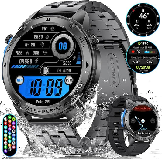 GPS Smart Watch for Men-5ATM/IP69K Waterproof,45 Days Standby(500mAh),1.43" AMOLED Rugged Military Smartwatch with Compass Barometric Altitude,170+ Sport Modes Smart Watches for Android iPhones