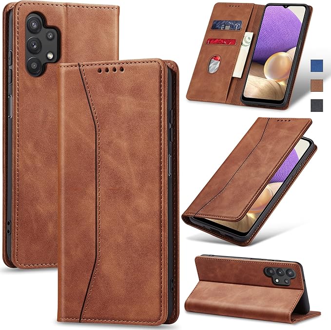 Jasonyu Flip Wallet Case for Samsung Galaxy A32 5G,Leather Magnetic Folio Cover with Card Holder,Kickstand - TPU Shockproof Durable Protective Phone Case,Brown