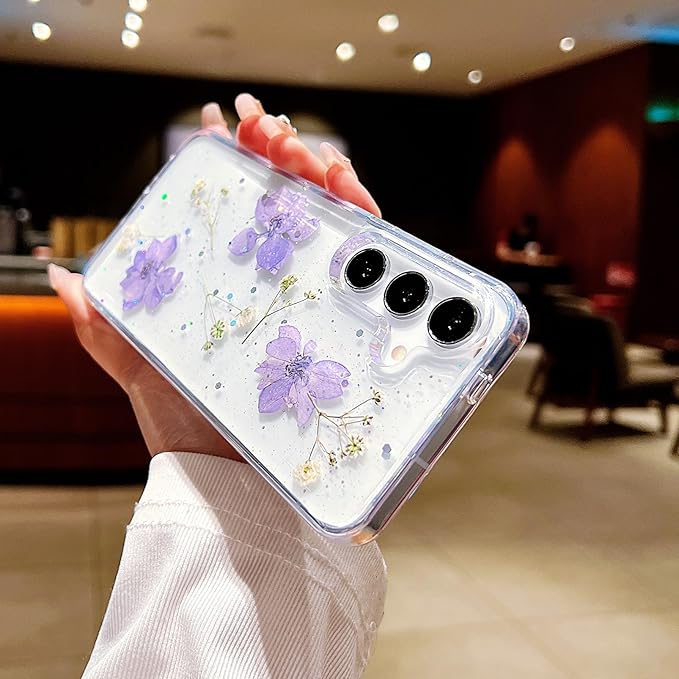 Compatible with Samsung Galaxy S25 Plus Case Cute Pressed Dried Real Flowers Design Women Girly Shockproof Hard PC+ TPU Bumper Floral Phone Cover for Galaxy S25+ Plus (Light Purple)
