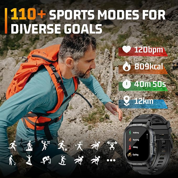 Military Smart Watches for Men-2.06”AMOLED Bluetooth Calls, IP68 Fitness Activity Step Tracker with Sleep Monitor/Pedometer/110+ Sports Modes, Tactical Smart Watch for Android iOS Samsung Compatible